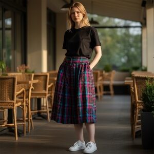 Vintage A-Line Button-down Plaid Skirt in Pink and Blue